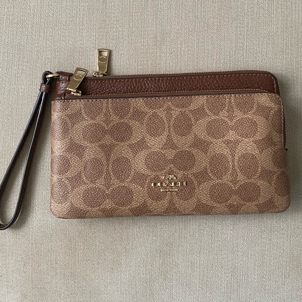 Coach Brown Signature Canvas Double Zip Wristlet with Leather Strap